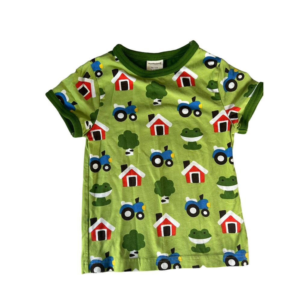 Maxomorra Green Farm Tractor Frog Ringer Shirt size 3-4